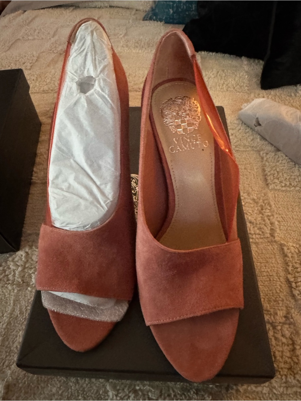 Vince Camuto Suede Peep-Toe Pumps in Rust